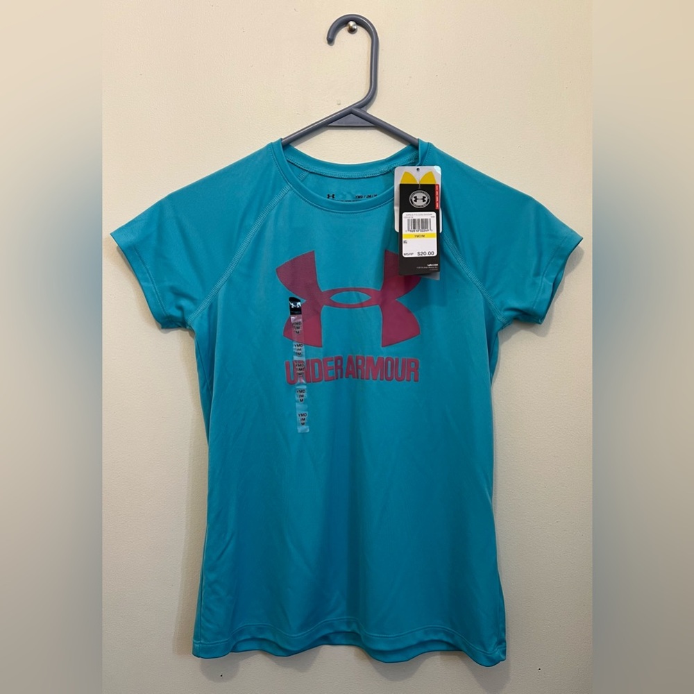 Under Armour T-shirt, Blue with UA pattern and Under Armour words.
